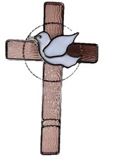 BEAUTIFUL PINK  STAINED GLASS CROSS  Peace Dove With Olive Branch picture