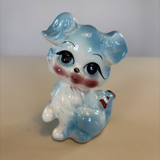 Vintage Mid Century Kitsch Ceramic Big Eye Blue Puppy Dog Figurine 5” picture