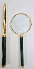 Vintage Green Marble Letter Opener Magnifying Glass Gold Tone Desk Set Elegant  picture