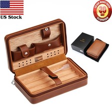Brown Cigar Humidor Case Portable Cedar Wood Leather Travel Box 4 Count Gift picture