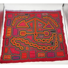 Vintage Handmade Mola Textile Panel Panama Guna Folk Art Reverse Applique Red picture