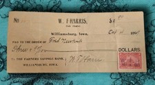 Antique 1899 W.F. Harris Grain Dealer Check – Williamsburg, Iowa / Revenue Stamp picture