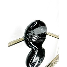 Vintage Small Black Round Haeger-like Art Deco Vase With White Floral Details picture