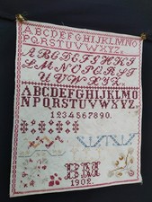 Antique Alphabet Sampler ABC Hand Embroidered Needlework Textile Art picture