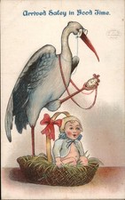 Arrived Saley Good Time. Cartoon: Stork with baby. Original Vintage Postcard picture