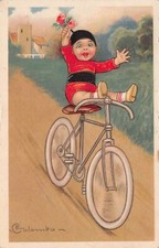 ILLUSTRATOR E COLOMBON~YOUNG CHILD BABY BEBE RIDING BICYCLE~1920s POSTCARD picture