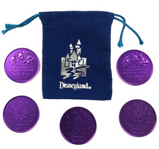 DLR Disneyland 35th Anniversary 1955 - 1990 Commemorative 5 Purple Coins & Pouch picture