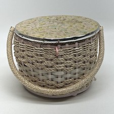 Vintage Round Woven Wicker Sewing Basket With Handle, Floral Design Top picture