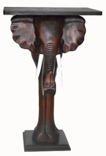 HAND CARVED WOODEN ELEPHANT TABLE END AFRICAN JUNGLE SAFARI SCULPTURE LUCK STAND picture