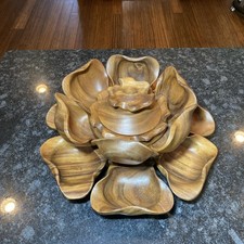 Monkey Pod Wood Lotus Flower Serving Set Pedestal Bowl Lid MCM Carved Vintage picture