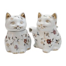 Vintage Ceramic Cat Sugar Bowl Teapot Floral Gold Trim Hand Painted Japan Style picture