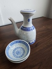 1940's Chinese Rice Grain Porcelain Vinegar Soy Sauce Cruet and 2 sauce dishes picture