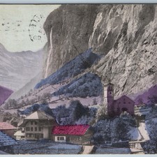 c1900s Lauterbrunnen, Switzerland Postcard Staubbach Waterfall Valley Church picture