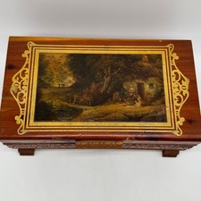 Vintage Kugelman Waukegan IL Carved Wood Cedar Box 10x7x4 Cottage Lithograph Lid picture