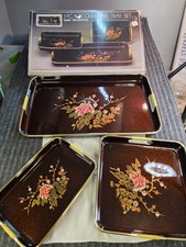 Vintage 3 Piece Lacquerware Tray Set Black Red White Flower Plant Design NOS picture