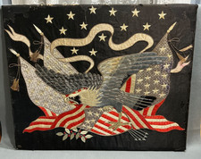 ANTIQUE c1908 GREAT WHITE FLEET JAPANESE SILK EMBROIDERY EAGLE & SHIELD BANNER picture