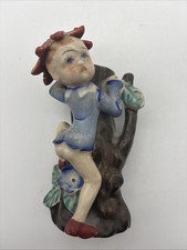 Vtg Occupied Japan Ceramic Spill Vase Boy Climbing Tree Stump Blossom Hat READ picture