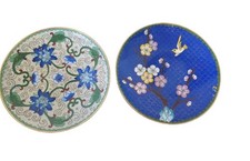 2 Pretty Vintage Chinese Cloisonne Flowers Bird Plate Gold Trim 5” picture