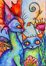 ACEO Original Painting OOAK - Fairy Cats - Bartshe picture