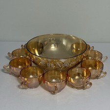 1950's Jeannette Marigold Iridescent Egg Nog Punch Bowl & 9 Cups picture