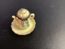 Vintage Miniature Yellow Ceramic Teapot And Saucer Hinged Trinket Box picture
