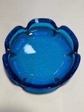 Vintage Cobalt Blue Lotus Glass Ashtray Pebble Textured MCM 4 Rest - 6