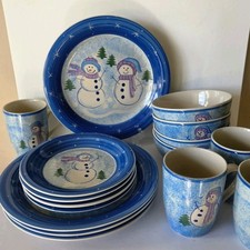 Alco Snowman Winter Christmas 16 Piece Dinnerware Set Cobalt And Light Blue picture