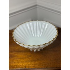 Vintage Porcelain Footed Bowl – White Scalloped Gold Trim Centerpiece picture