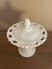 Vintage Milk Glass Pedestal Covered Candy Dish Compote with Lid Grape Pattern picture