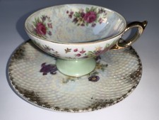 Vintage NORCREST ROSE Footed TEACUP & SAUCER Iridescent Lusterware  picture