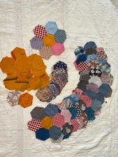 Antique Vintage Hexagon Quilt Blocks w/ Feed Sack Centers & Extra - c1925 picture