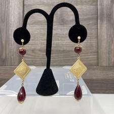 Vintage Earrings Gold Tone Filigree Drop Red Bead Dangle Pierced Boho Asian 90s picture