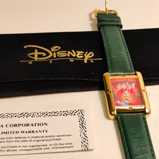 Disney News Holiday Greetings 1993 Gold-Tone Watch w/ Green Strap picture