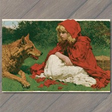 POSTCARD Little Red Riding Hood Wolf Girl Cloak Basket Fairy Tale Storybook picture