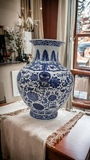 Festcool 16“ Classic Blue and White Floral Porcelain Vase, Double Lion Head E... picture