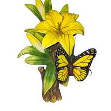 VTG Seymour Mann Bernini Porcelain Yellow Lily Monarch Butterfly Figurine picture