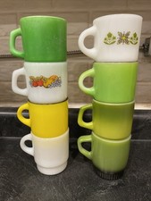 Lot of 8 Vintage Milk Glass Fire King Stackable Coffee Mugs~Yellow~Green~Fruit++ picture