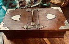 Antique English Oak & Silver Plated Hinged Box. Wooden Humidor Cigar Box. 1920 picture