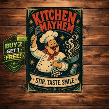 Cartoon Chef Kitchen Metal Sign Whimsical Cooking Theme Tin Wall Plaque 8x12 picture