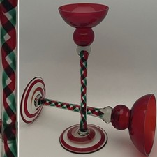 Krosno Jozefina Art Glass 2pc Red Green Ribbon Helix Candleholders Poland 12