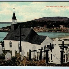 c1910s Tadoussac, QC Little Indian Church Cemetery Postcard Grave Cross Quebec picture