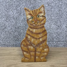 13 inch Hand Carved Painted Wooden Orange Tabby Cat Sculpture Folk Art Figurine picture