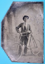 Vintage 1890s Tintype Photo Man with Safety Bicycle Sixth Plate Antique Portrait picture