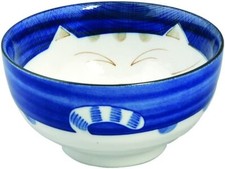 Porcelain Rice Soup 5 inch Bowl Made in Japan Blue Cat Maneki Neko Pattern 2471 picture