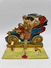 Vintage Mechanical Valentine Card Women in Blue Automobile Die-Cut Germany picture