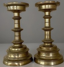 Antique Gothic Church Altar Candlesticks Pair Ecclesiastical Candleholders picture