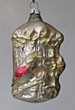 Antique Vintage Glass Woodpecker Bird On Tree Stump Christmas Ornament Germany picture