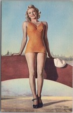 Vintage 1940s Bathing Beauty  Woman in One-Piece Swim Suit / MWM Linen - Unused picture