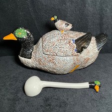 VTG Portuguese Majolica Palissy Ware Duck & Duckling Soup Tureen w/Serving Spoon picture