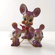 Vtg  Arnart Japan Purple Mouse  Mama w/ bowtie & chained Babies  4 1/4